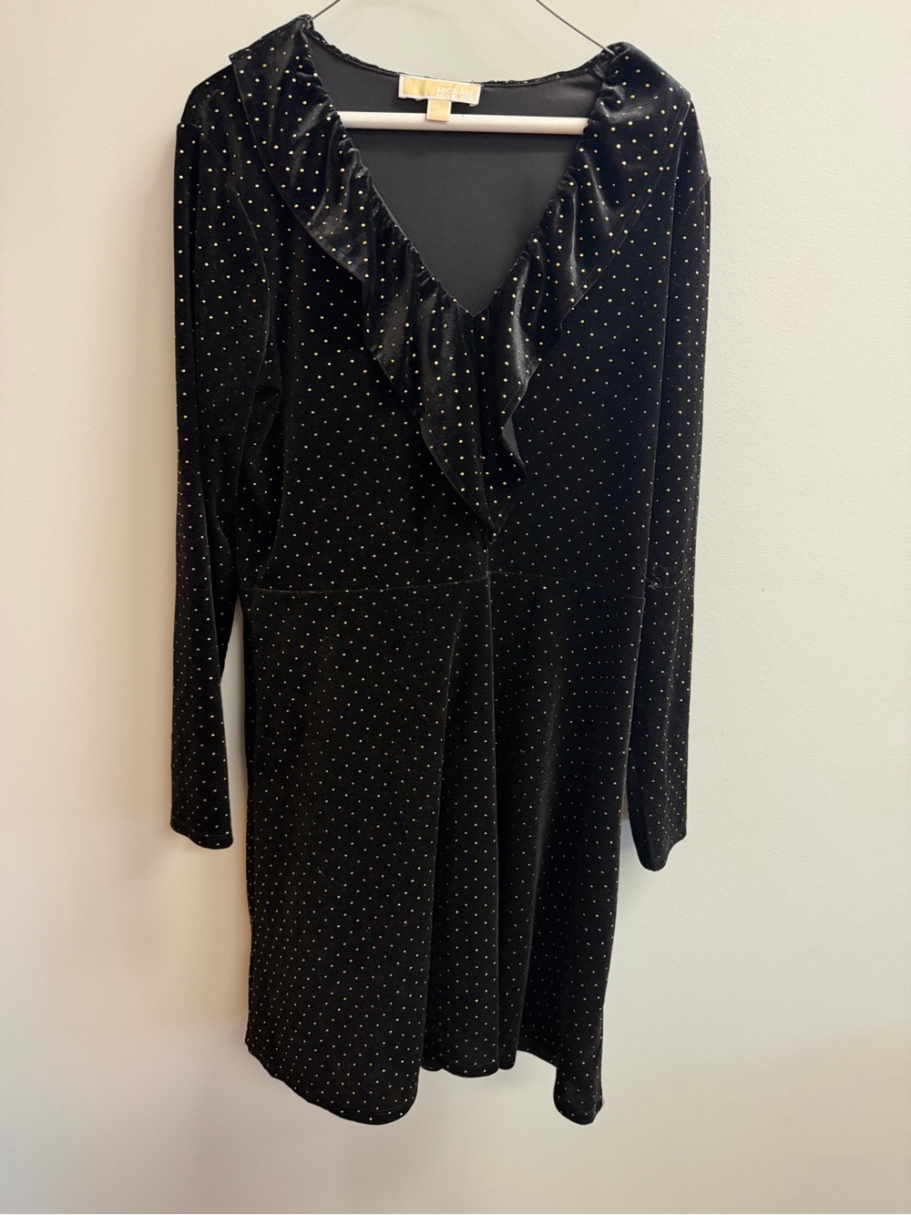 Michael Kors Black Velvet Long-Sleeve V-Neck Dress with Gold Dot Detail